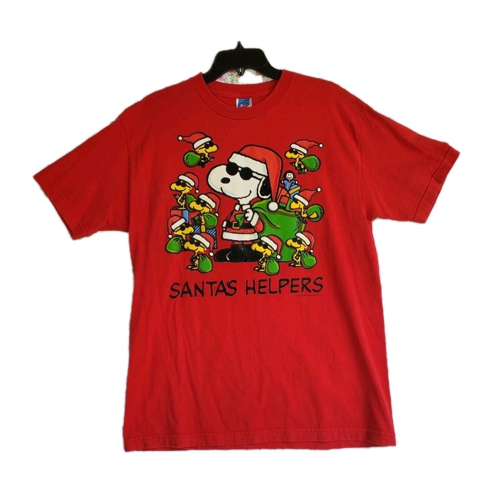 VTG Peanuts Snoopy & Woodstock "Santa's Helpers" Christmas Red T-Shirt Mens Sz L